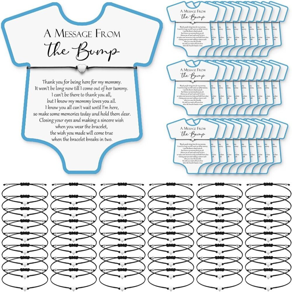 Blue Baby Shower Heart Bracelets Gift Set with Wish Cards, Adjustable Metal Chai
